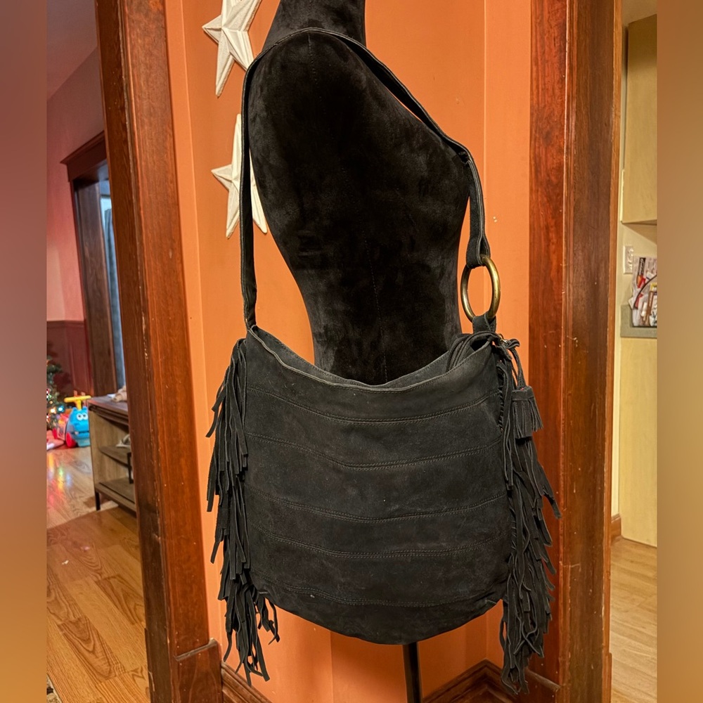Black leather Fringe suede handmade Shoulder Bag
